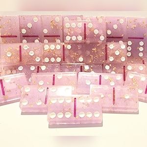 Handmade complete domino set (pink plum and gold flakes) double 6